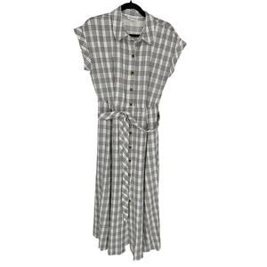 Calvin Klein Womens Sz 6 Maxi Length Shirt Dress Black White Plaid Belted Collar